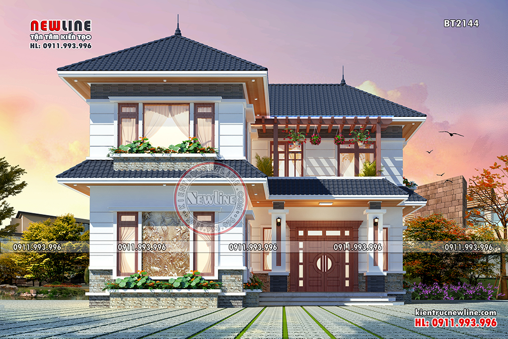 Thiết kế nhà vườn chữ L 2 tầng mái Nhật mặt tiền 15m ở Nam Định