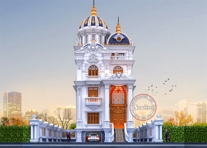 Tỉ lệ vàng mẫu thiết kế biệt thự lâu đài kiểu Pháp mái vòm 4 tầng có bán hầm đẹp BT2607